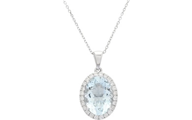 PENDANT/CHAINE, or blanc 18 carats, aigue-marine ovale à facettes env. 4,35 ct, 24 diamants taille...