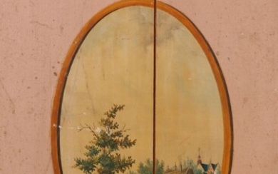 Paar beschilderde grenenhouten kast deuren, 19e eeuw;