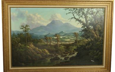 Paintings, engravings, etc. - Soekardji (1880-1950), Indonesian landscape with river, oil on canvas, signed - 70 x 110 cm, damaged