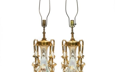 Pair, 19th C. Old Paris Porcelain Floral Lamps
