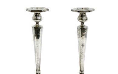 Pair American Sterling Silver Candlestick Holders Hexagonal Bases circa 1900