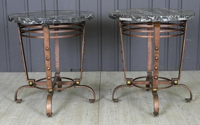 Pair Art Deco Style Marble and Wrought Iron Tables