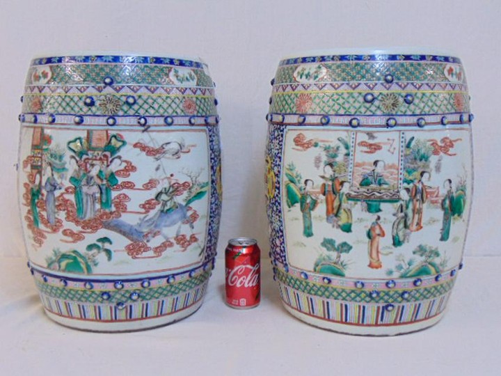 Pair Asian porcelain garden stools, decorated with