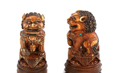 Pair Chinese Carved Bone Foo Lion Figures (2pcs)