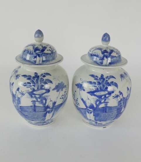 Pair Chinese Export Underglazed Blue and White Covered