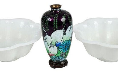 Pair Peking Glass Bowls and Cloisonne Vase