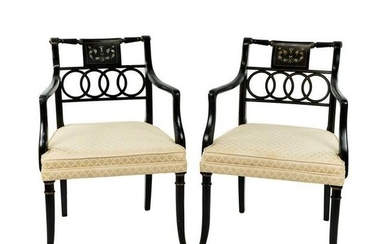 Pair Regency Style Ring Back Black Lacquered Armchairs