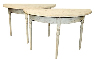 Pair Swedish demi lune painted pine console tables