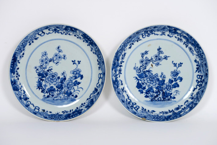Pair of 18° century Chinese bowls in porcelain with blue-white decor with flower bushes - diameter : 21,5 cm ||pair or 18th Cent. Chinese dishes in porcelain with blue-white decor with flower bush