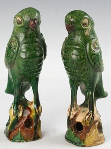 Pair of 19th C Chinese Pottery Parrots