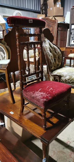 Pair of 19th C. oak and upholstered prie duex chairs.