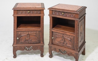 Pair of Breton Style Finely Carved Oak Nightstands