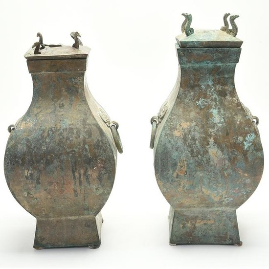 Pair of Chinese Bronze Ritural Wine Vessels, FangHu