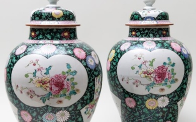 Pair of Chinese Export Black Ground Famille Rose Porcelain Vases and Covers