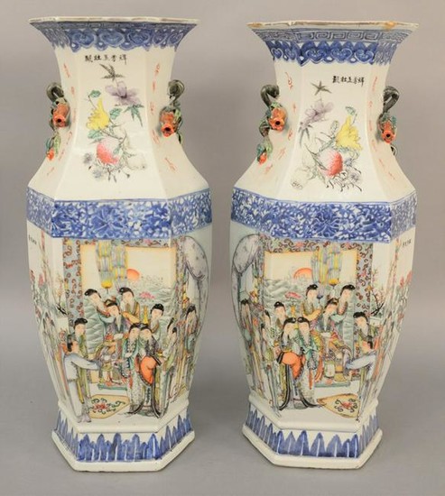 Pair of Chinese Famille Rose six sided vases, having