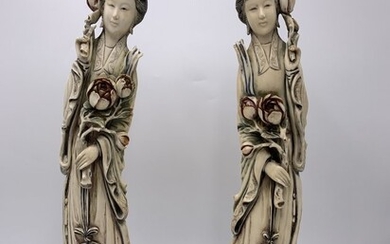 Pair of Chinese Hand Carved Bone Sculpture of Kuan-yin on Wooden Base