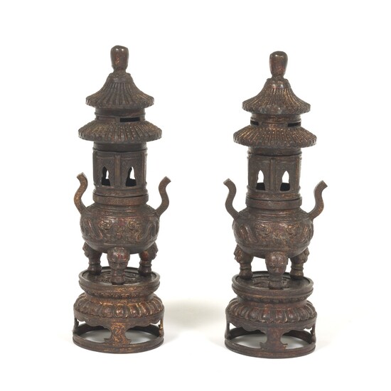 Pair of Chinese Patinated Bronze Copper Alloy with Gilt and Painted Three-Part Incense Burner, Qianlong Seal-Marks