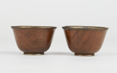 Pair of Chinese Silvered Tin Wooden Cups / Tea Bowls