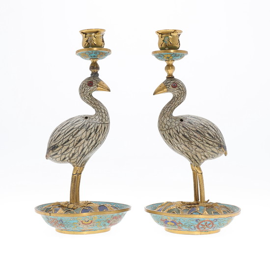 Pair of Chinese candlesticks in cloisonné enamelled bronze, early 19th Century.