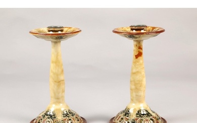 Pair of Doulton Lambeth aesthetic movement candlesticks in t...