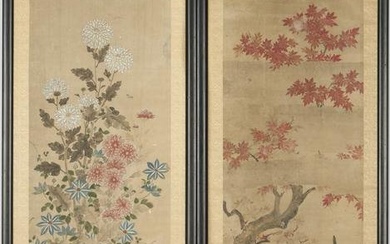 Pair of Framed Japanese Scroll Paintings, Summer and Spring