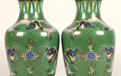 Pair of Japanese cloisonne vases, green ground with coiled d...