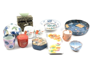 Pair of Japanese porcelain beakers, other modern Japanese and Korean ceramics, and other artifacts.