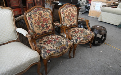 Pair of Louis XV Style Carved Walnut Fauteuils