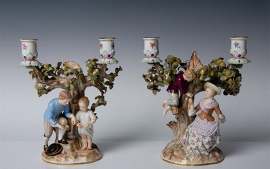 Pair of Meissen Porcelain Candle Holders, Egg Thieves