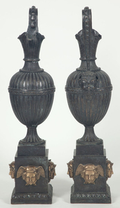Pair of Neoclassical Style Gilt and Patinated Bronze Ewers on Pedestals