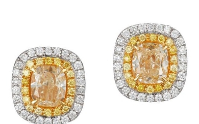 Pair of Two-Color Gold, Yellow Diamond and Diamond Earrings