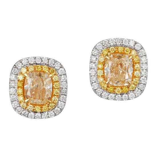 Pair of Two-Color Gold, Yellow Diamond and Diamond Earrings