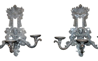 Pair of bronze 3 arm sconces with masks and crest
