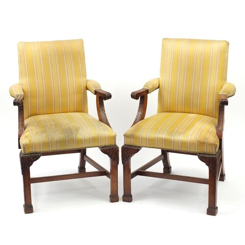 Pair of mahogany framed Gainsborough chairs, with yellow str...