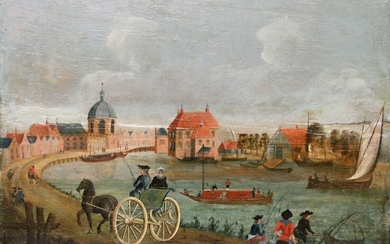 Passeggiata in carrozza, olio su tavola, Scuola del Nord Europa, XVIII sec., cm 32 x 42.