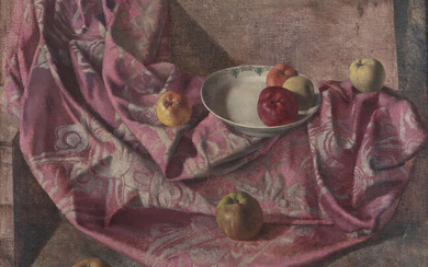 Patrick Hennessy RHA (1915-1980), Still Life with apples, bowl and pink cloth