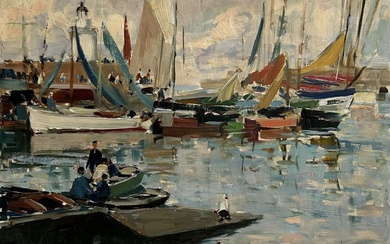 Paul Emile LECOMTE (1877-1950) L'Ile d'Yeu, voiliers et barques derrière le phare Huile sur panneau...