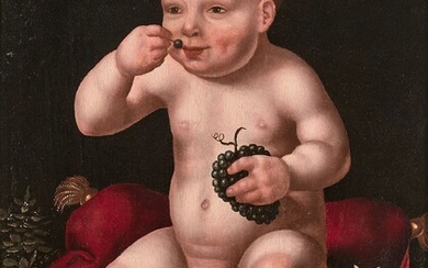 Pays-Bas, XVIe siècle Suiveur de Joos van CleveLe Christ enfant aux raisinsHuile sur panneau de...