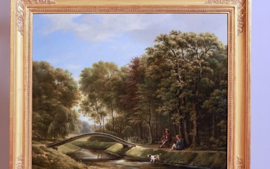 Peinture romantique de paysage, 1ère moitié du 19e siècle, huile sur toile tirée sur châssis,...