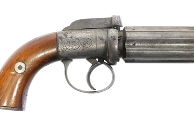 Percussion pepperbox 100 bore revolver, 2.5inch six shot cylinder, scroll...