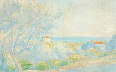 Pierre Franc Lamy: A landscape in the morning mist, presumably from Southern France. Signed P. Franc Lamy. Oil on canvas. 65.5×81 cm.