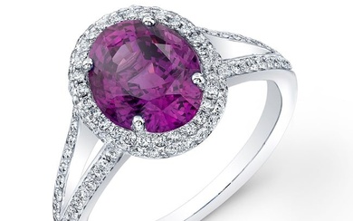 Pink Sapphire Ring With Pave Diamond Halo & Split Shank In 18k White Gold