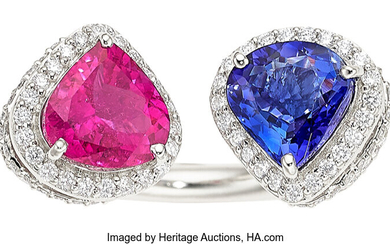 Pink Tourmaline, Tanzanite, Diamond, White Gold Ring Stones: Pear-shaped...