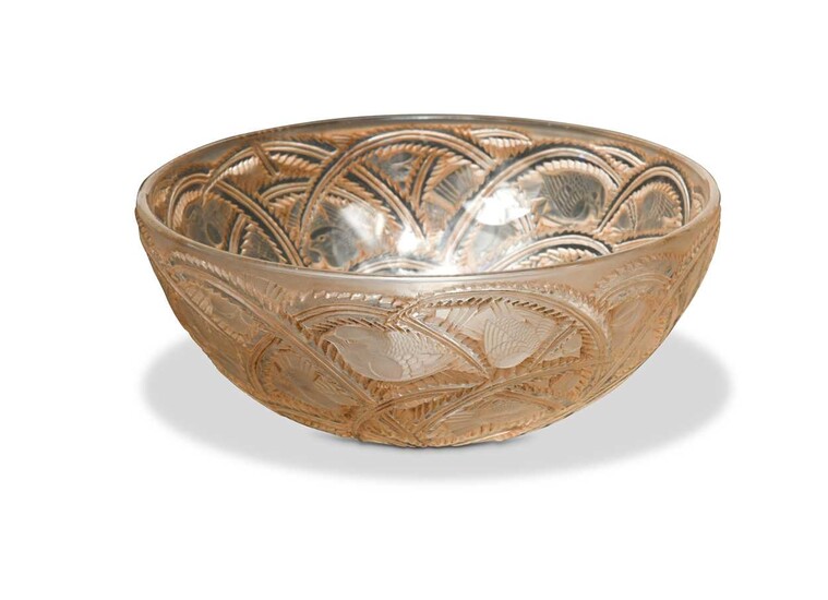 Pinsons, a Lalique clear, frosted and brown heightened glass bowl, decorated with finches amongst