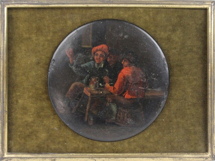 Pittore fiammingo del XIX secolo, Interno d'osteria con figure, olio su legno, ad assetto tondo, diametro cm. 11, entro cornice