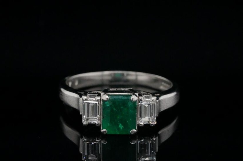 Platinum, 0.40ct Emerald and 0.30ctw Diamond Ring