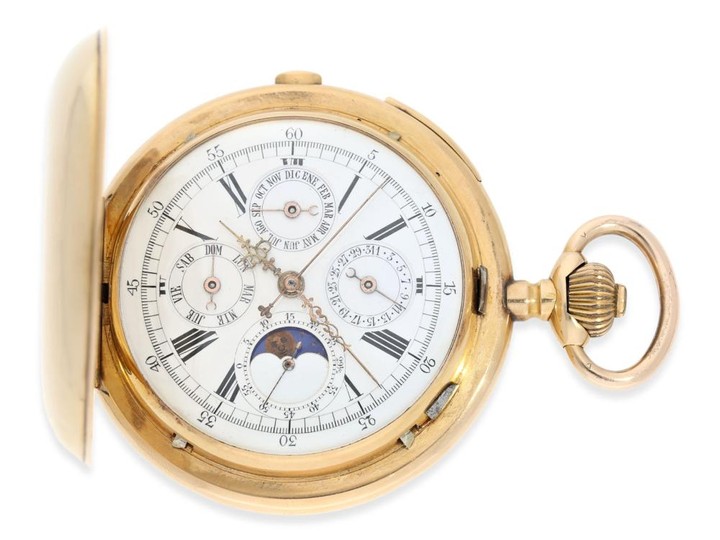 Pocket watch: especially heavy and large astronomical gold hunting case watch with 7 complications, Maurice Woog/ Fabrique La Maisonnette, Chronometer & Watches La Chaux-de-Fonds No.66878, ca.1900