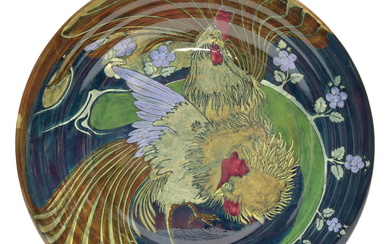 Polychrome painted pottery wall plate with decoration of a chicken...