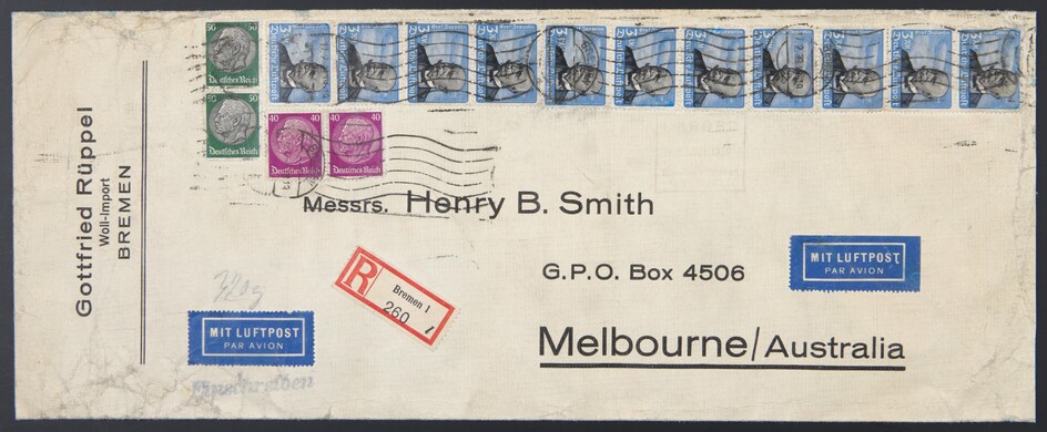 Poststück - D.Reich 1939 Mi. Nr. 539 (11) + Zufrankatur auf rekommandiertem Flugpostbrief von Bremen nach Melbourne