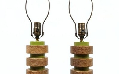 Pr Modernist Stacked Limed Oak Disc Table Lamps. Green